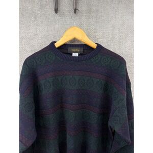 Vintage B.G. Day Crewneck Sweater Men Large Blue Merino Wool Geometric Excellent
